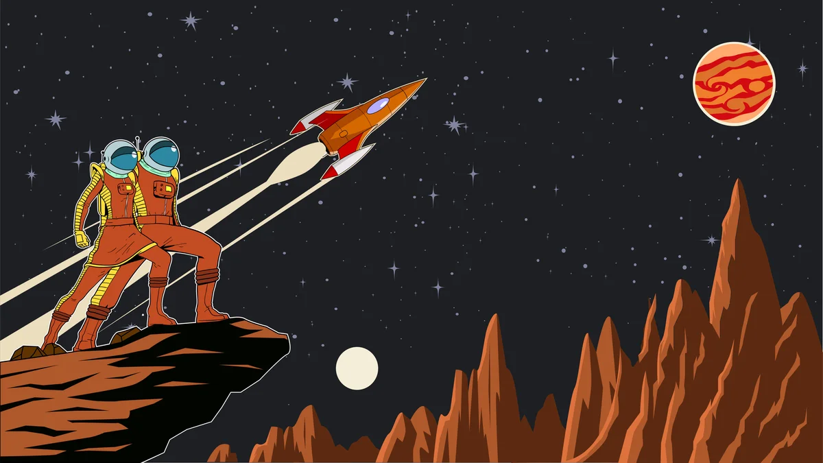 Retro astronaut couple on a planet with a rocket background
