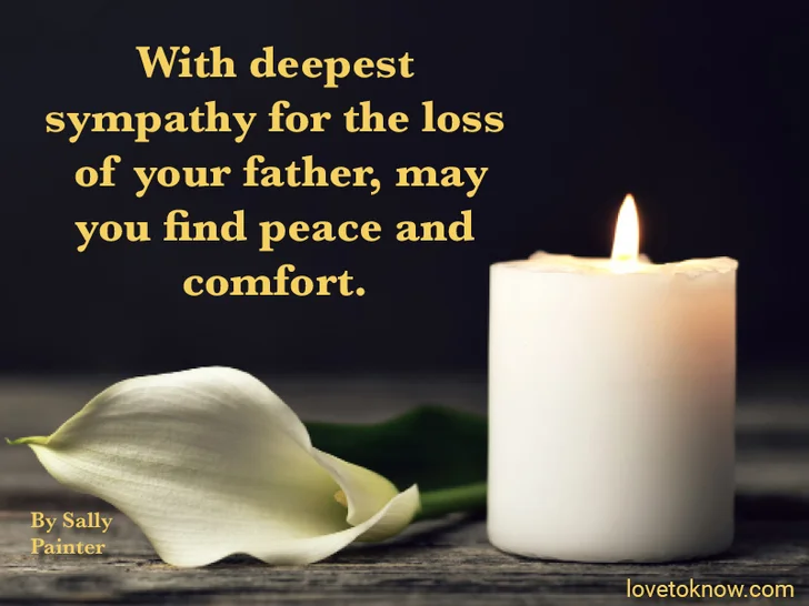 Burning candle and white calla on dark background with sympathy message