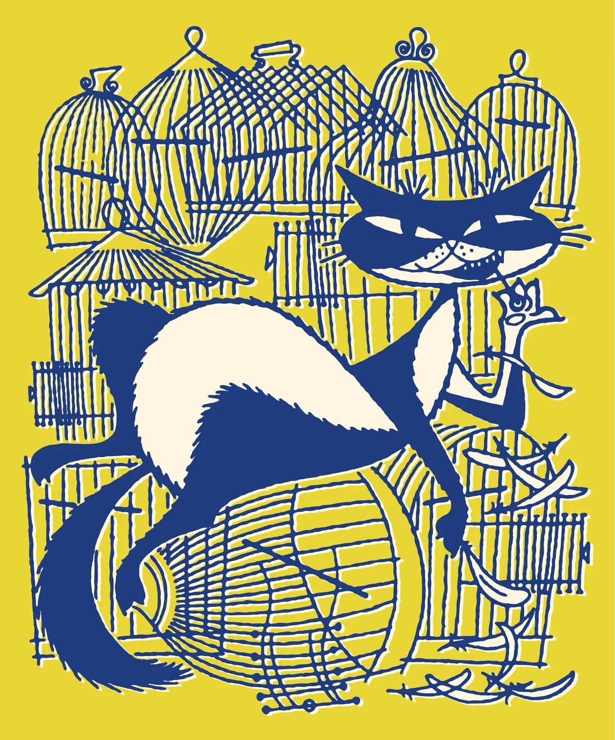 Cat with empty birdcages