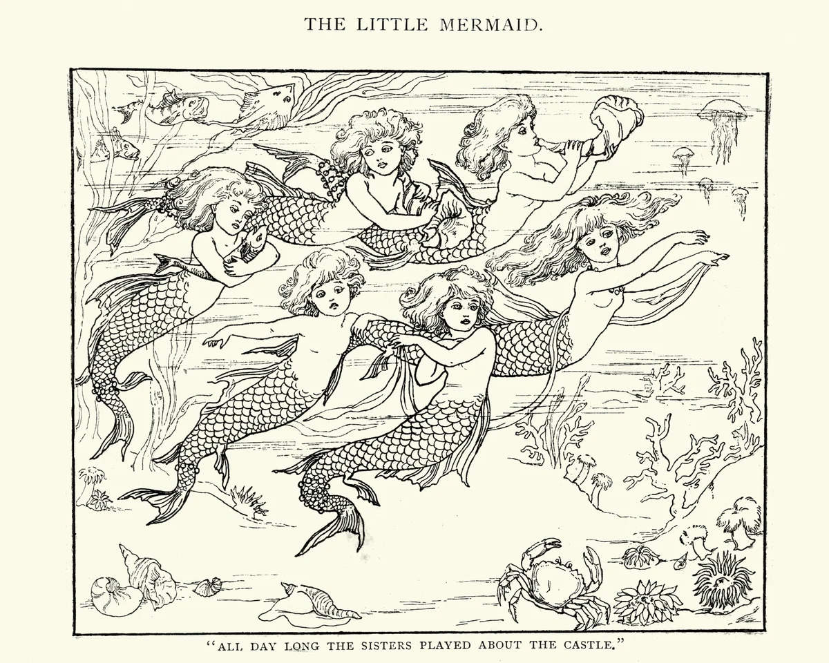 Vintage engraving of The Little Mermaid and her sisters
