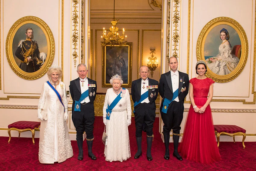 Camilla, Duchess of Cornwall, Prince Charles, Prince of Wales, Queen Elizabeth II, Prince Philip, Duke of Edinburgh, Prince William, Duke of Cambridge and Catherine, Duchess of Cambridge at Buckingham Palace