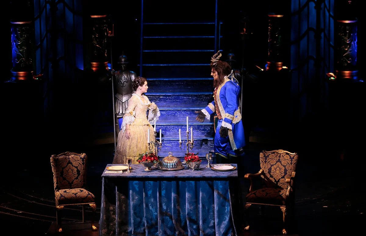 Manon Taris and Yoni Amar respectively play "Beauty" and "Belle" during a dress rehearsal of "the Beauty and the Beast : The Broadway Musical" | Getty Editorial Use