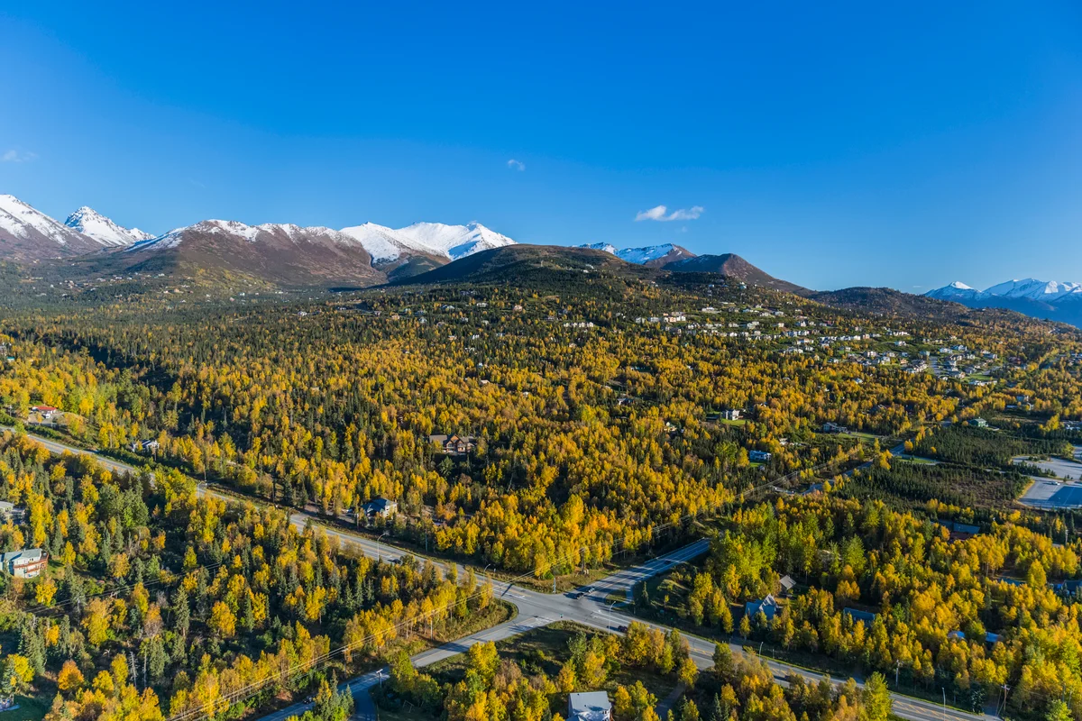 Aerial View Of The Hillside Neighbourhood Homes In Anchorage