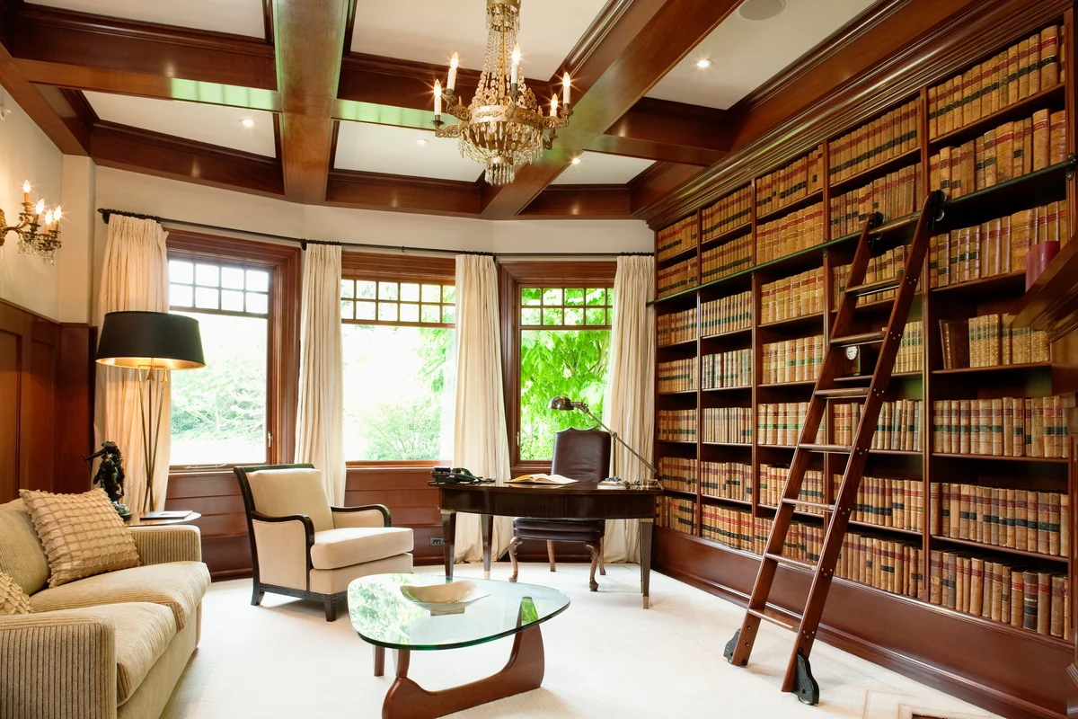 Library with rolling ladder and windows to outside