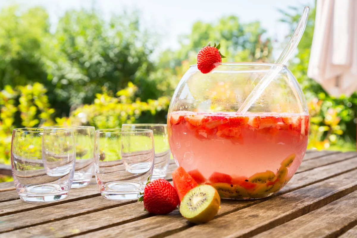 Watermelon strawberry kiwi bowl in garden