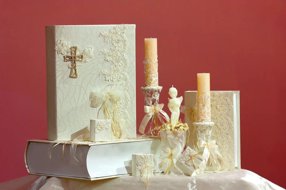 Christening accessory set of decorated candles and holy bible books