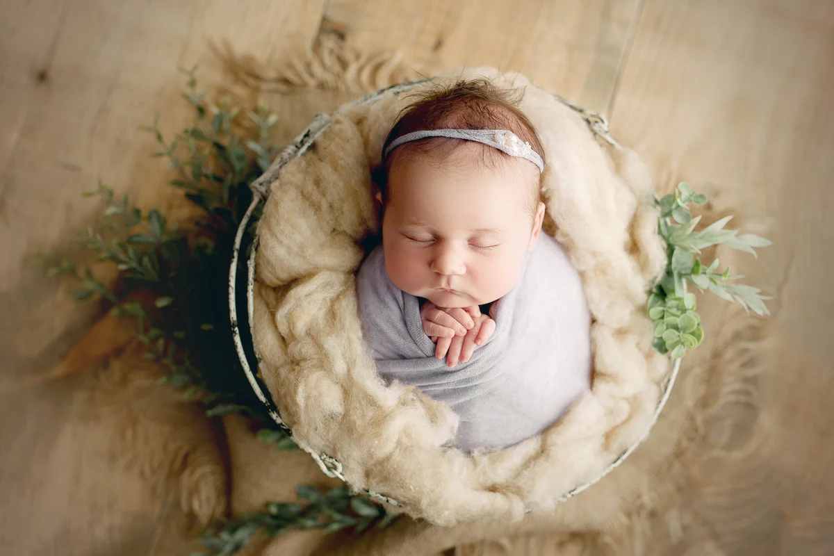 Newborn Baby Girl Swaddled in Prop Basket