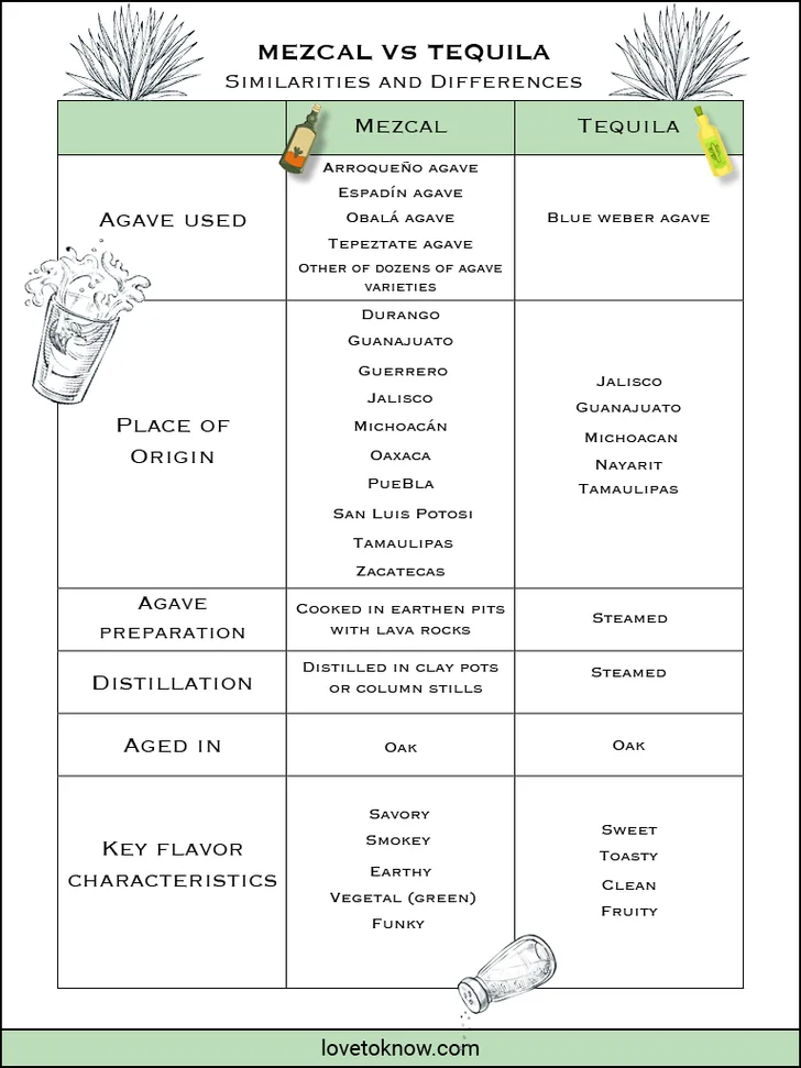 Chart with similarities and differences between Mezcal and Tequila