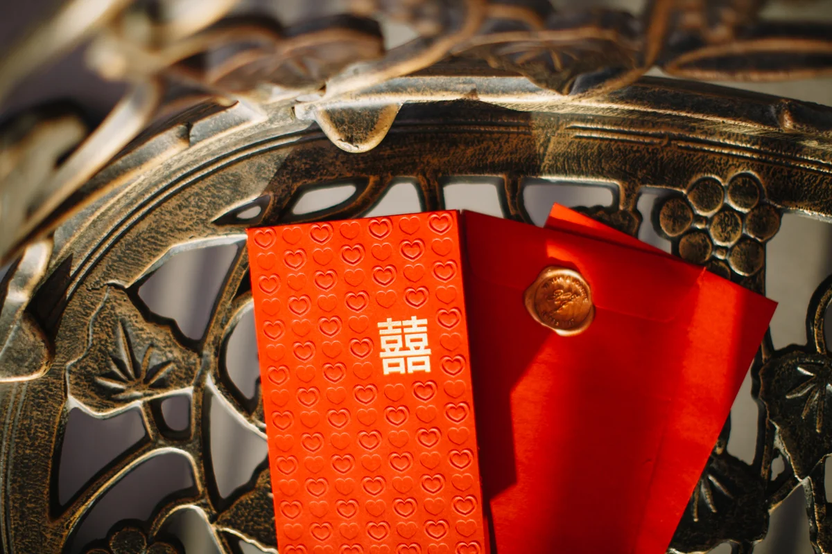 Red Chinese wedding invitation card and envelope