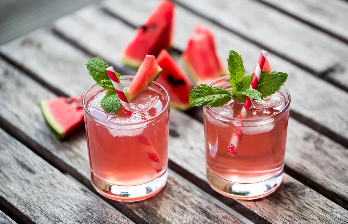 Watermelon-Hugo, Mojito in glasses with drinking straw