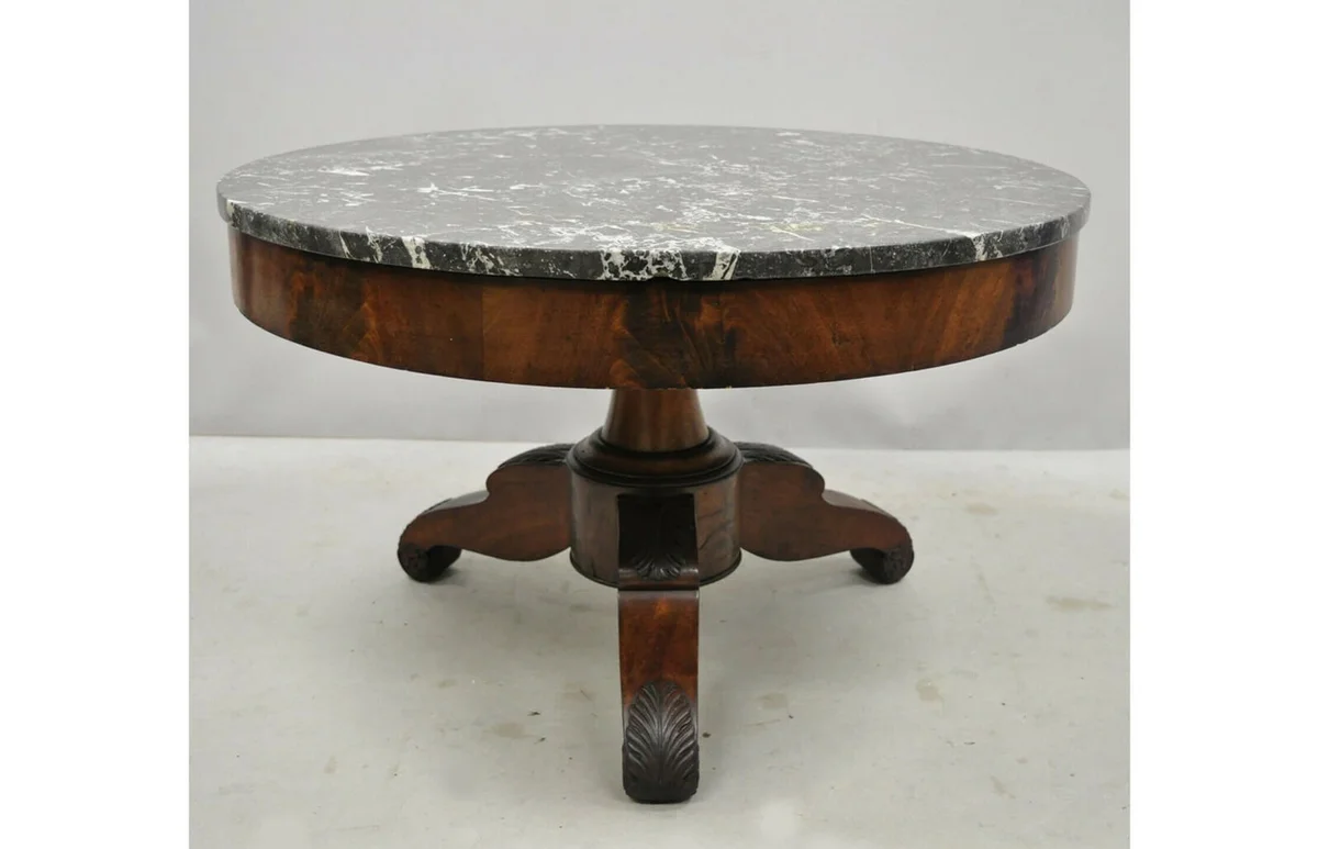 American Empire Round Marble Top Flame Mahogany Pedestal Base Coffee Table