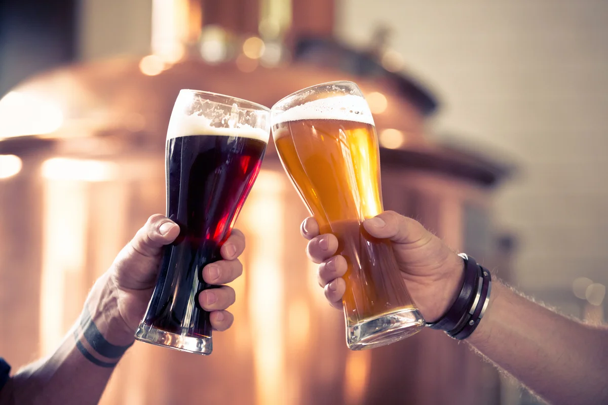 Friends toasting with beer glasses in the microbrewery