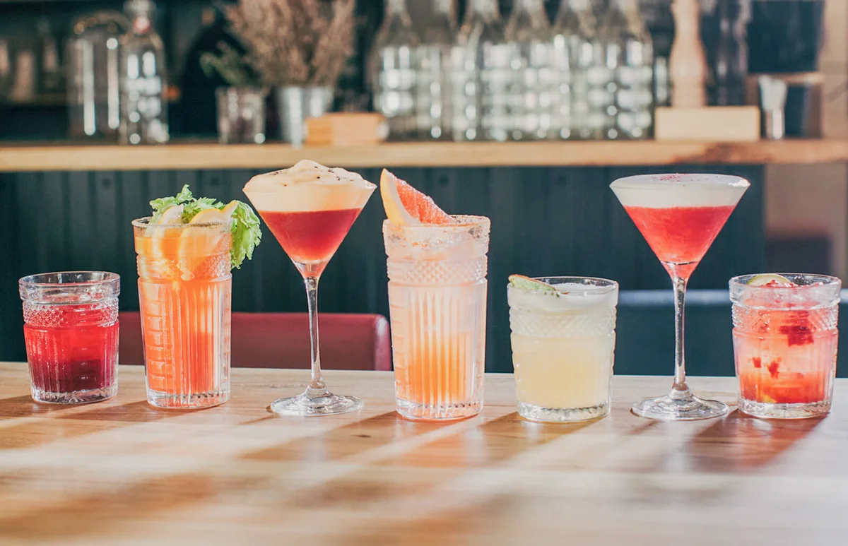 Selection of cocktails on a bar counter
