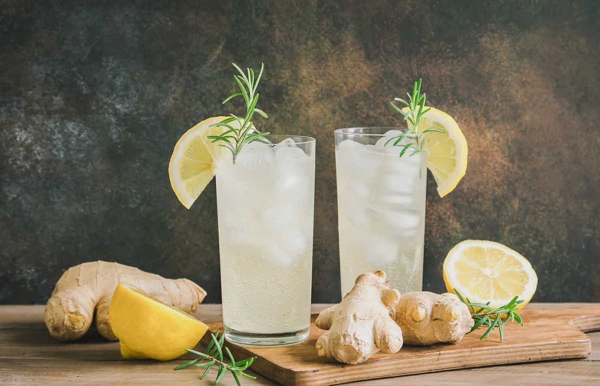 Ginger Ale - Homemade lemon and ginger organic soda drink, copy space.