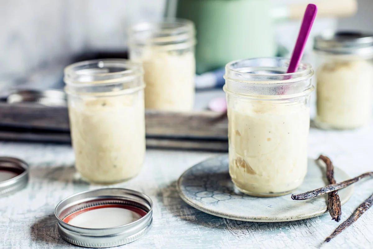 Jars of homemade vanilla custard