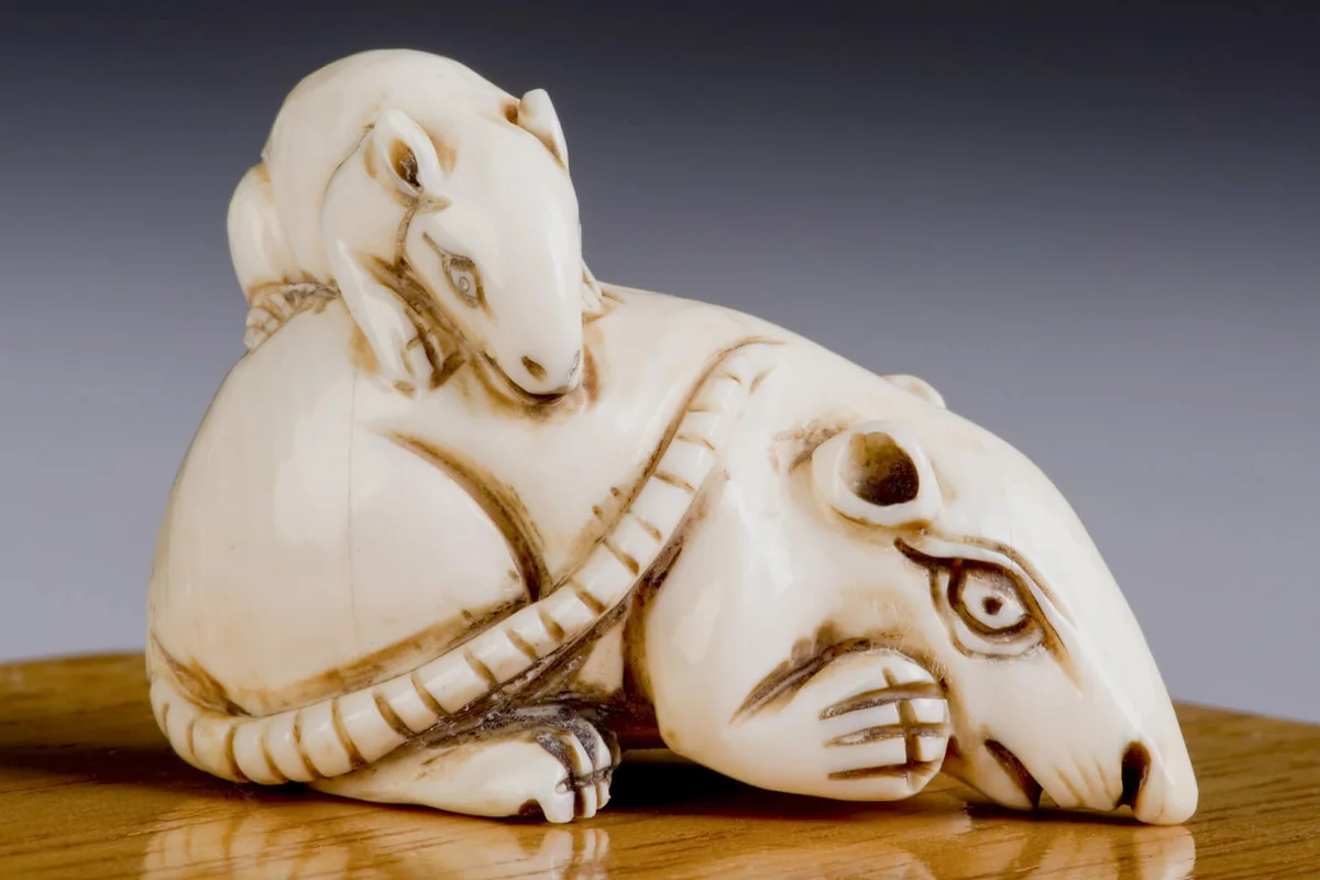 Antique ivory Japanese rat netsuke made in the 1800's