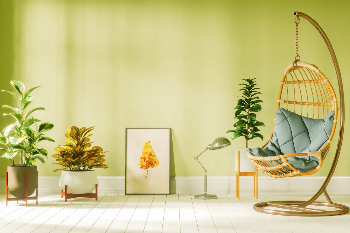 Living room with hanging egg chair and plants