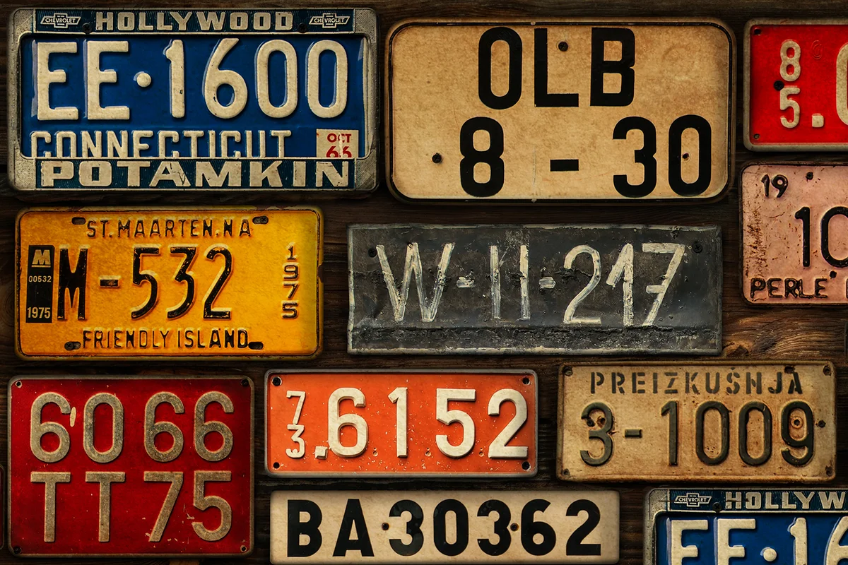 Licence Plates on Wooden Wall