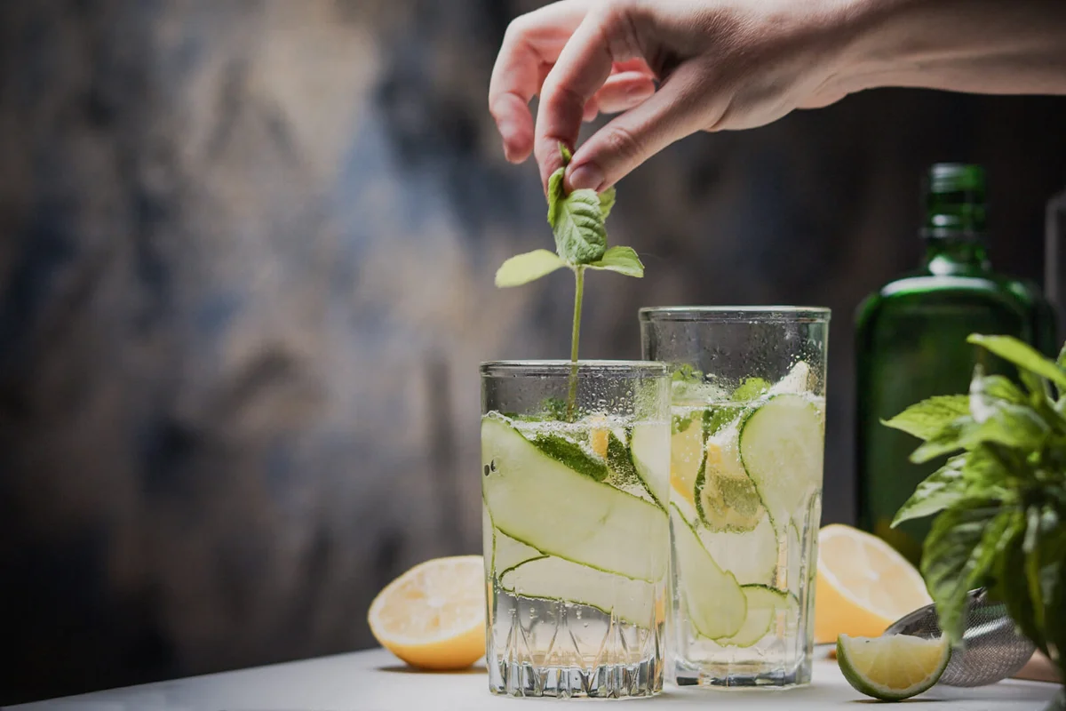 Cucumber, mint and basil gin tonic