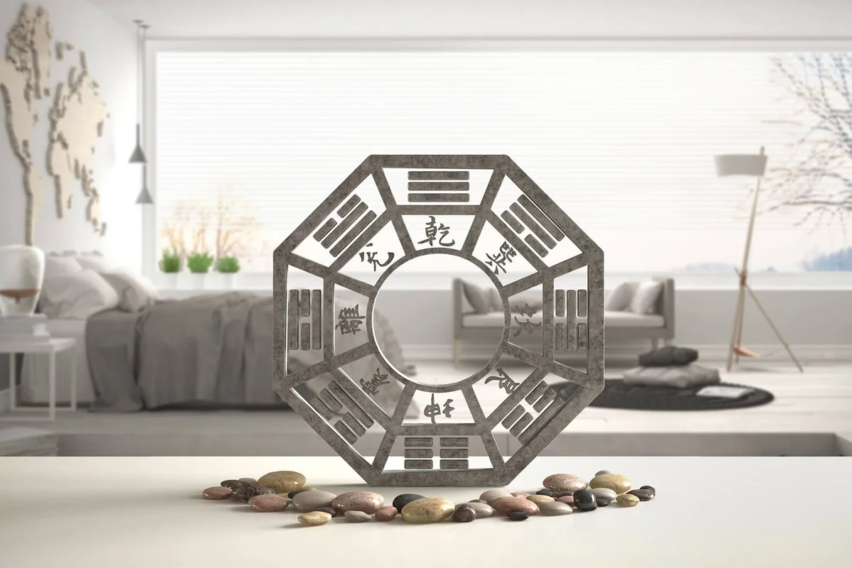 White table shelf with bagua and pebble stone