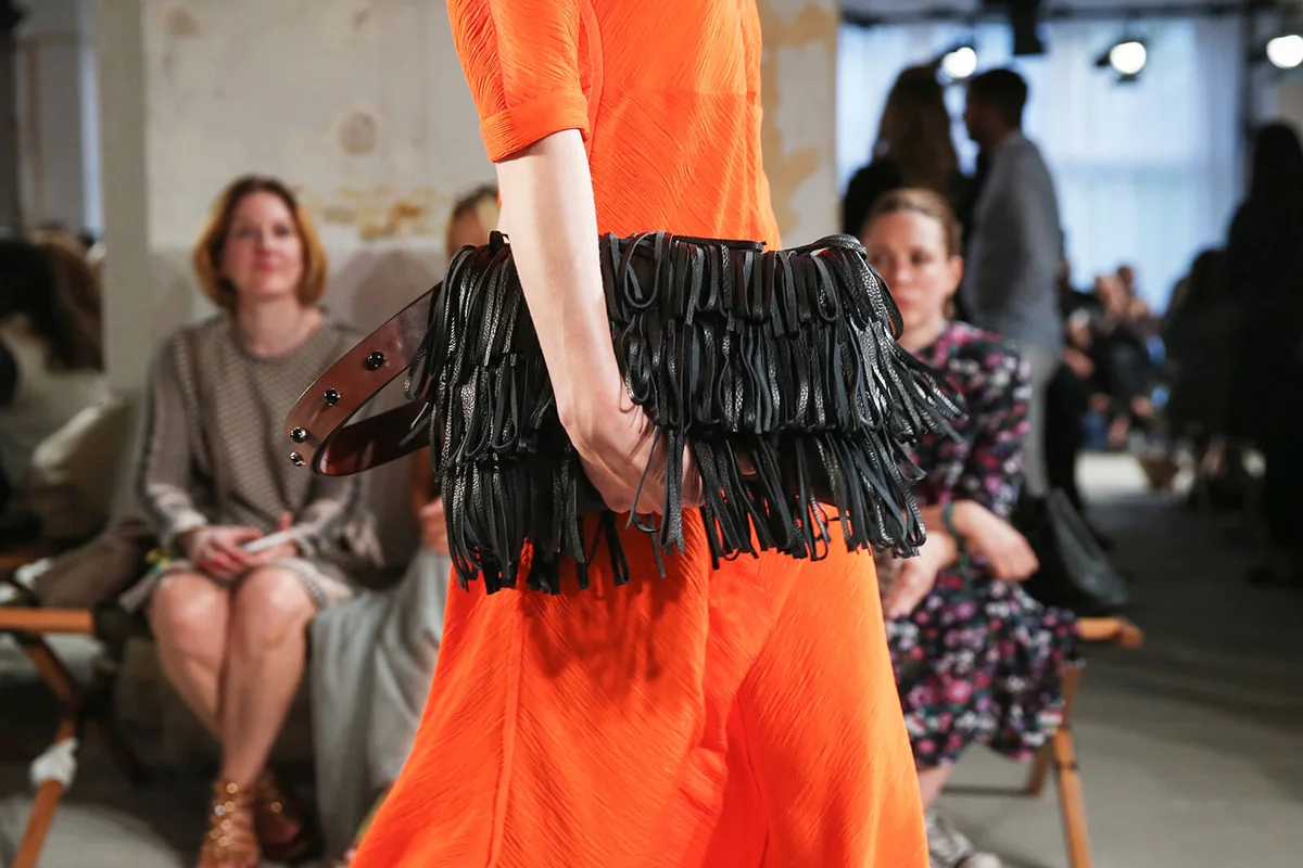 A model, fashion detail, walks the runway at the Dorothee Schumacher show | Getty Editorial Use