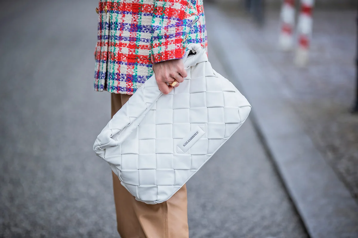 Tina Haase is seen wearing Karl Lagerfeld clutch in white on March 15, 2021 in Berlin | Getty Editorial Use