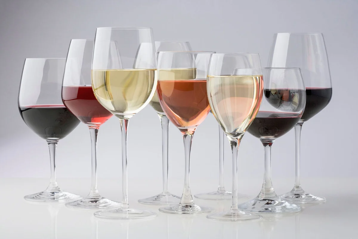 Closeup of glasses of different wines