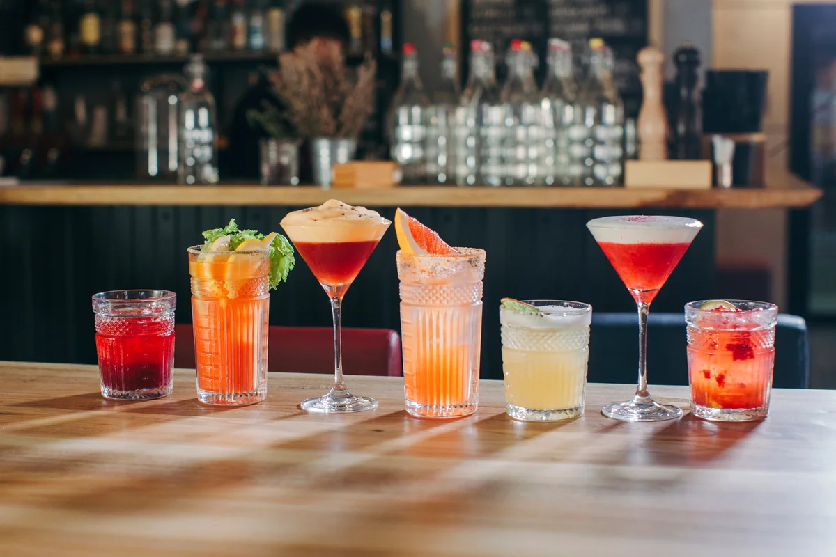 Selection of cocktails on a bar counter