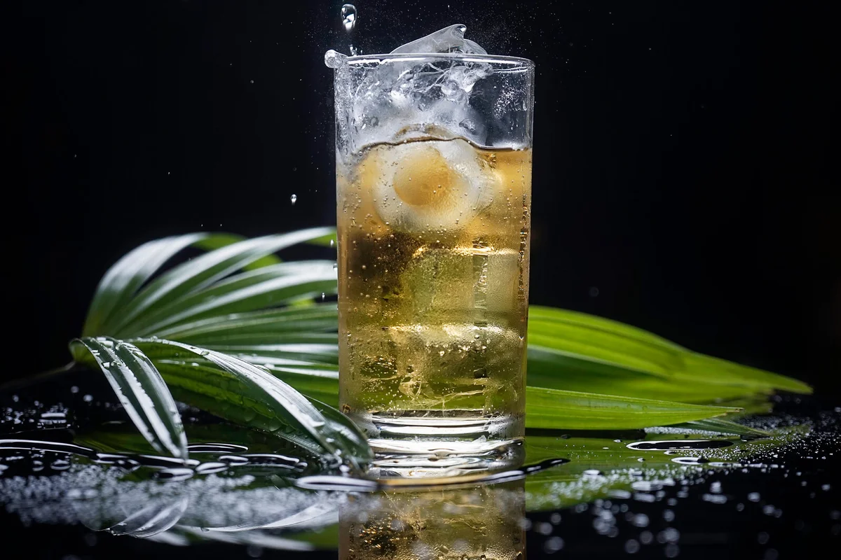 selective focus drink alcohol and water glass with dark rum whisky and Sparking water and ice cube