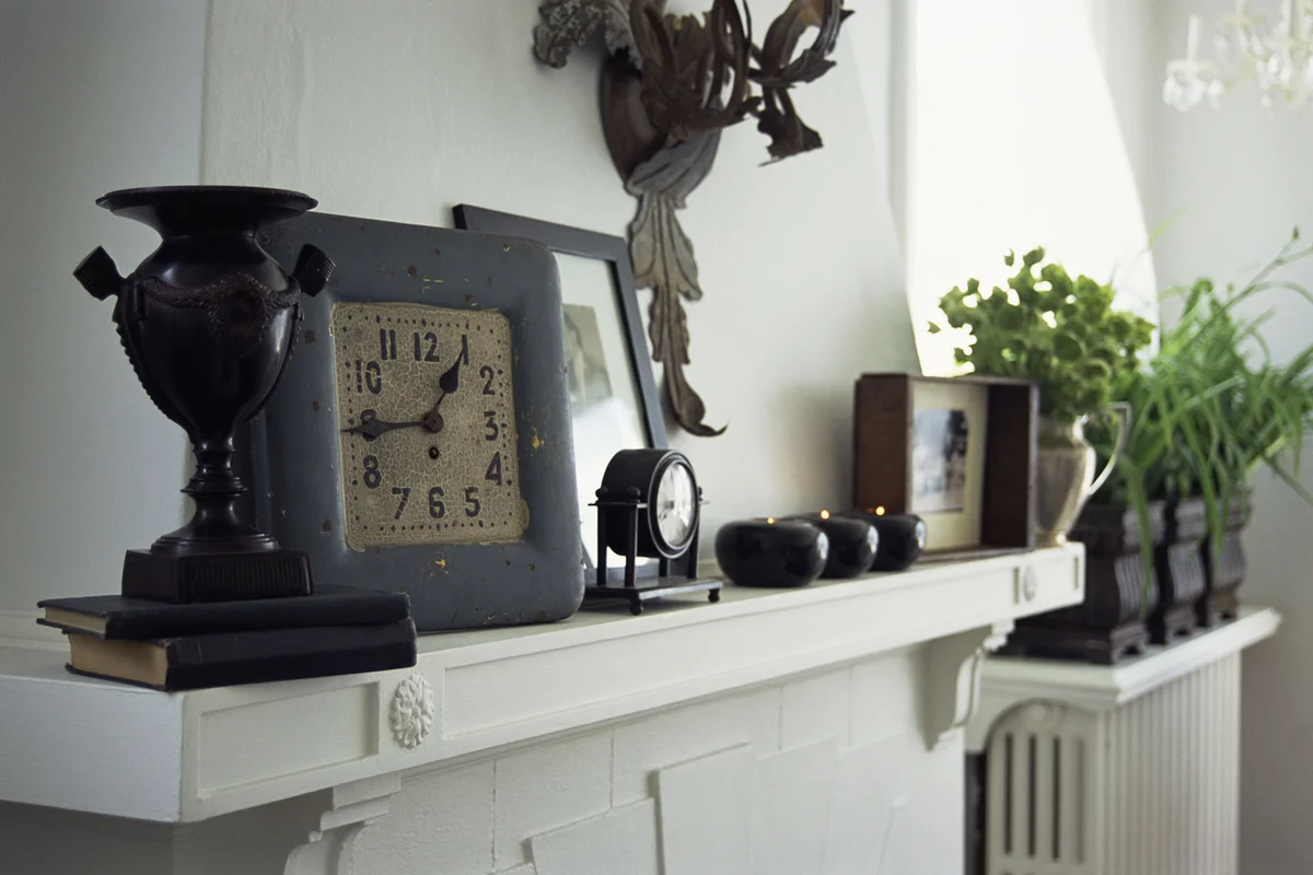 Clock on fireplace mantle