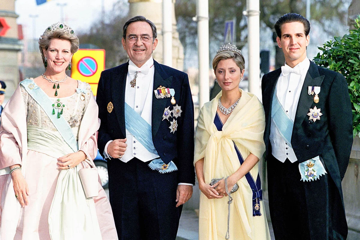 King Constantine, Queen Anne Marie, Crown Prince Pavlos & Crown Princess Marie Chantal Of Greece Attend A Performance Of The Dramatic Theatre, During The Celebration For King Carl Gustav Of Sweden'S 50Th Birthday | Getty Editorial Use