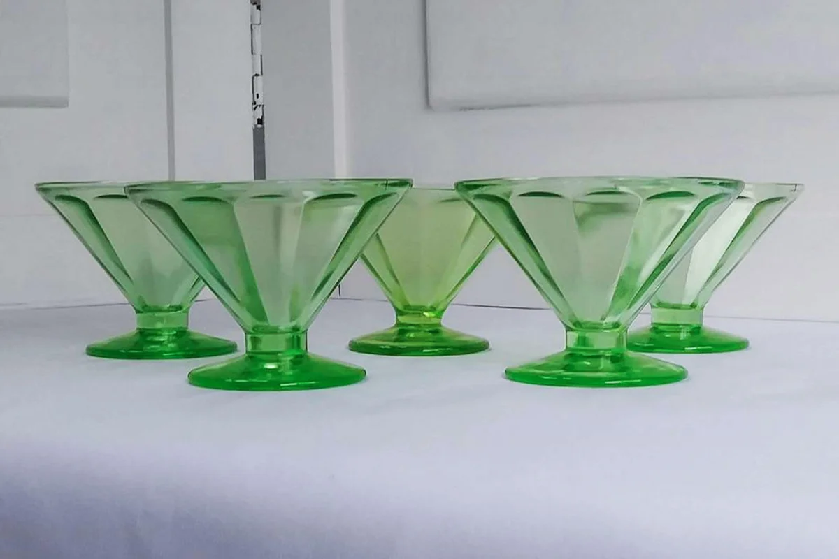 5 Vintage Federal Glass Depression Glasses - Green Paneled Low Sherbet Cups