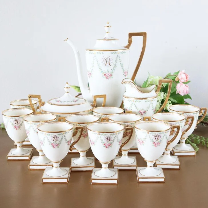 Antique Lenox Coffee Set; 1890s American Belleek Porcelain Tea Set Monogrammed ‘N’
