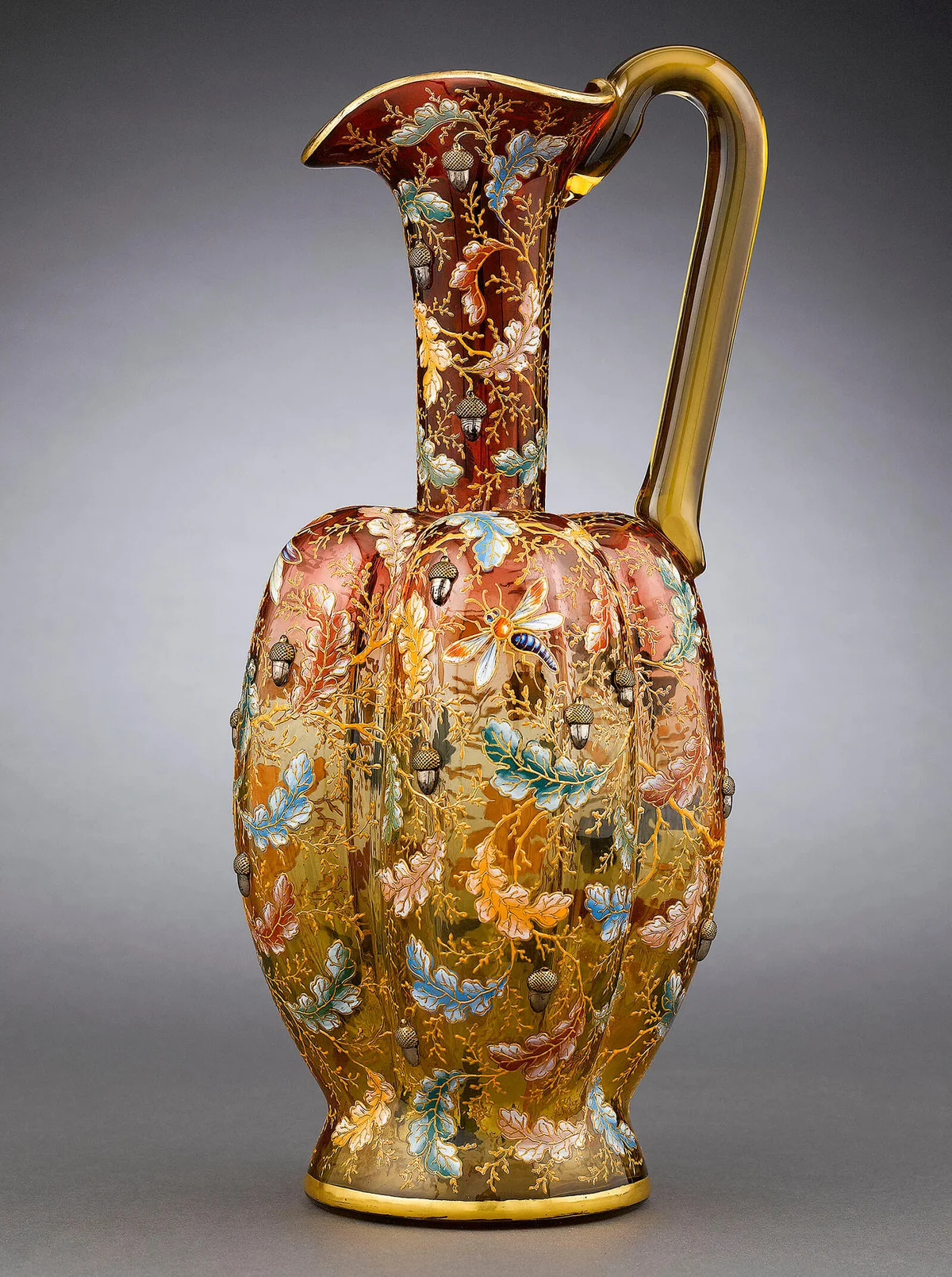 Moser glass pitcher with “Amberina" ombre coloring and enamel decoration. Circa 1880