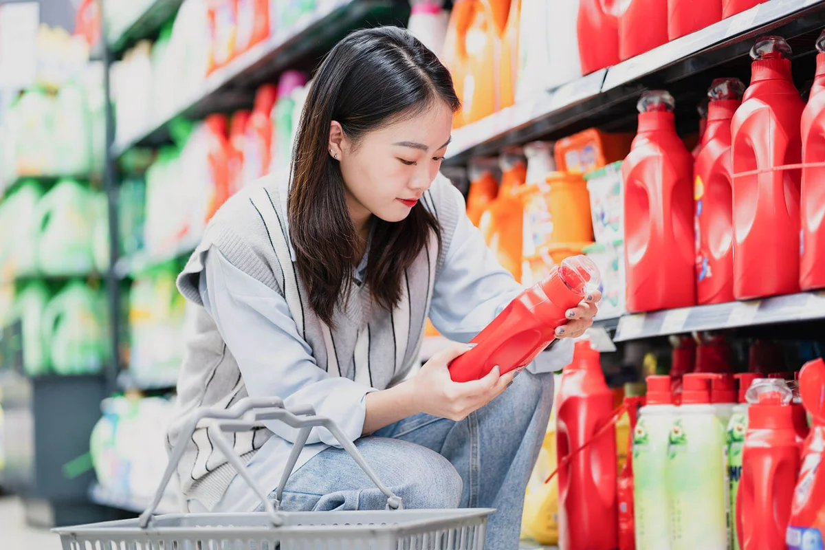 Woman buys washing powder in supermarket