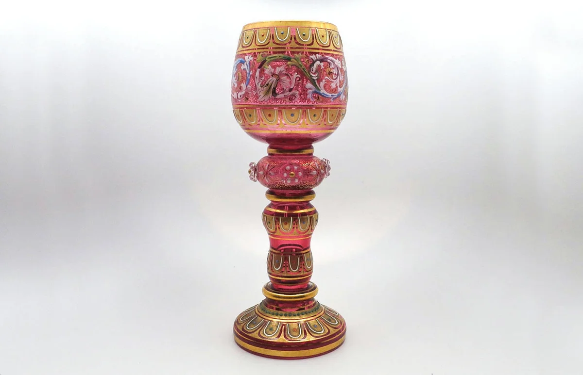 Exquisite Antique 19th C. Bohemian Moser & Sohne Cranberry Glass Hand Enameled 7 3/4" Tall Goblet or Chalice