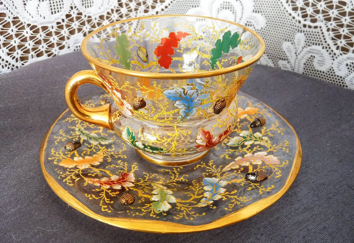 Rare - Signed Ludwig MOSER Glass - Cabinet CUP and SAUCER Set in the Raised Acorn and Oak Leaf pattern D. 180