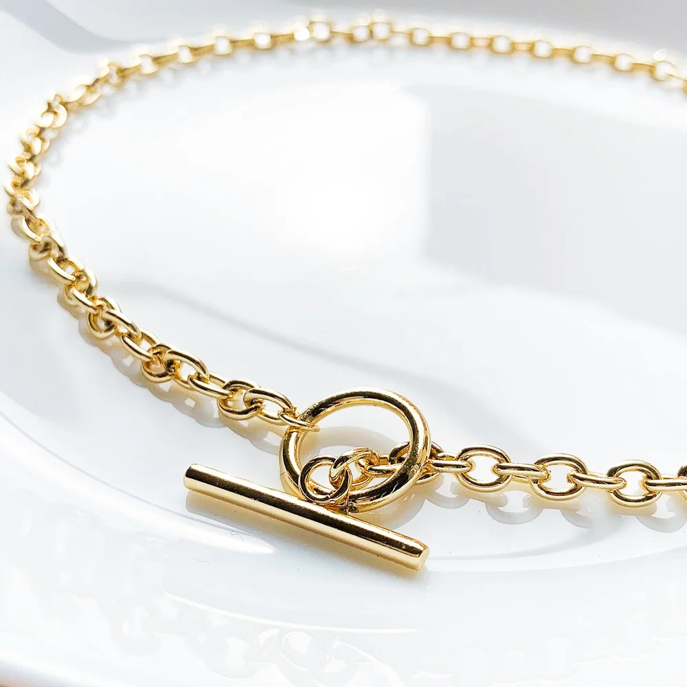 18K Gold Plated Oval Chain Choker Necklace T-Bar Toggle Closure Unisex