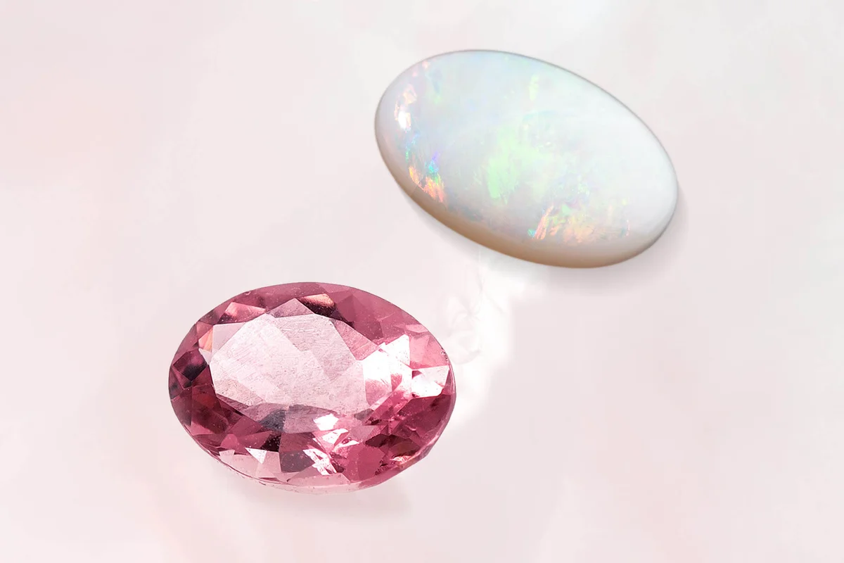 White oval opal and pink tourmaline stones
