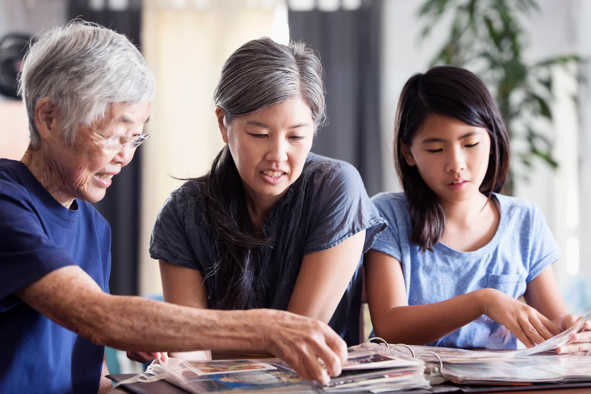 Three generations of women looking at photo album