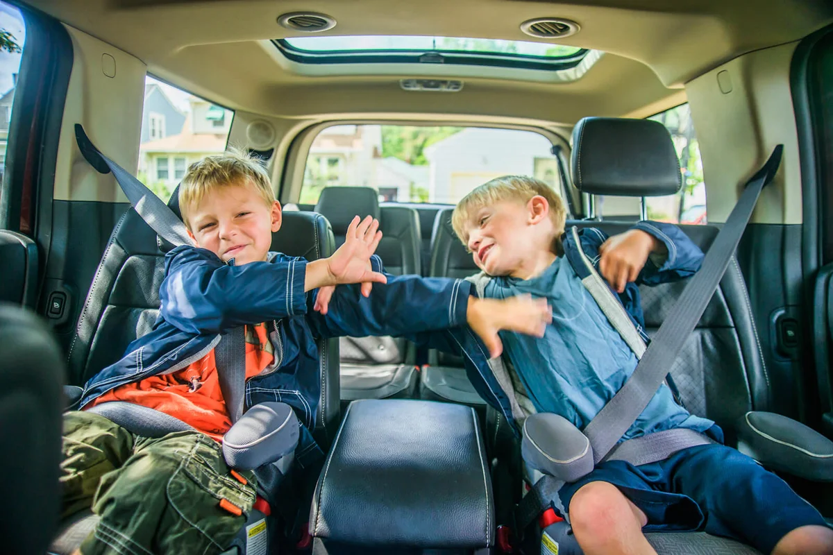 Twin brothers sitting in back of vehicle, fighting