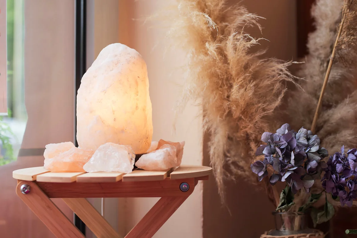 plants and saltlamp on wood