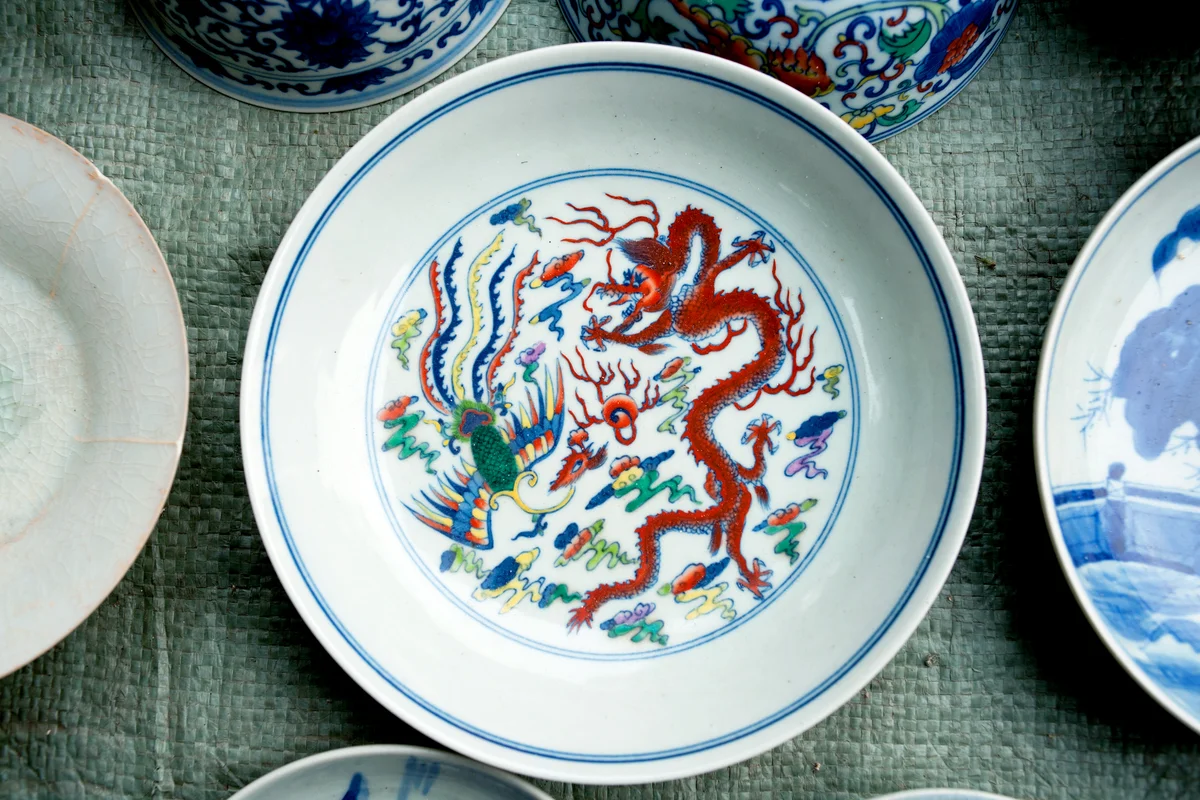 Painted porcelain phoenix and dragon