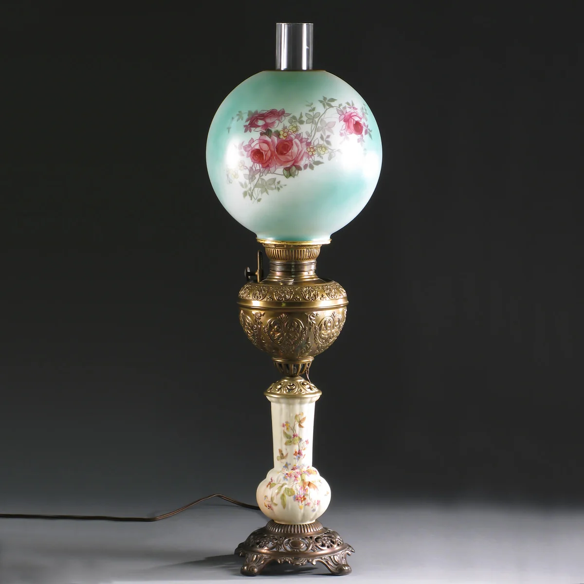 Victorian banquet table lamp with porcelain and metal base