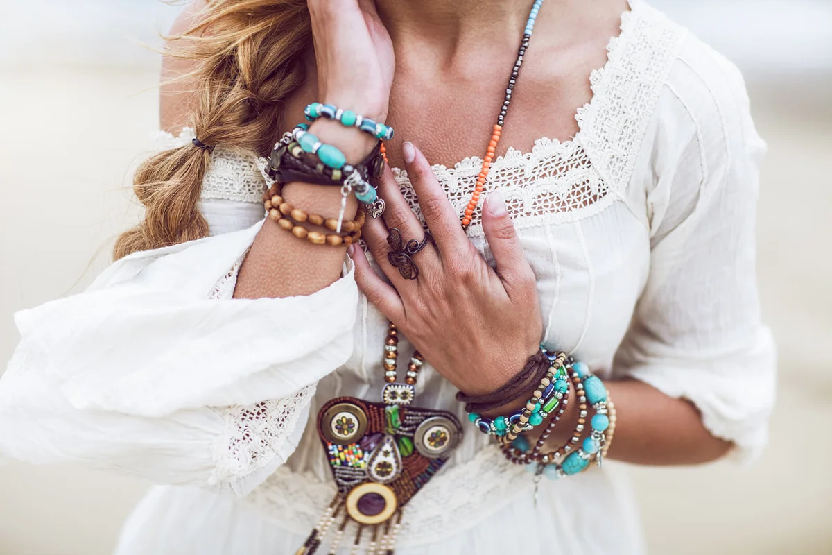 Boho woman with multicolored jewelry