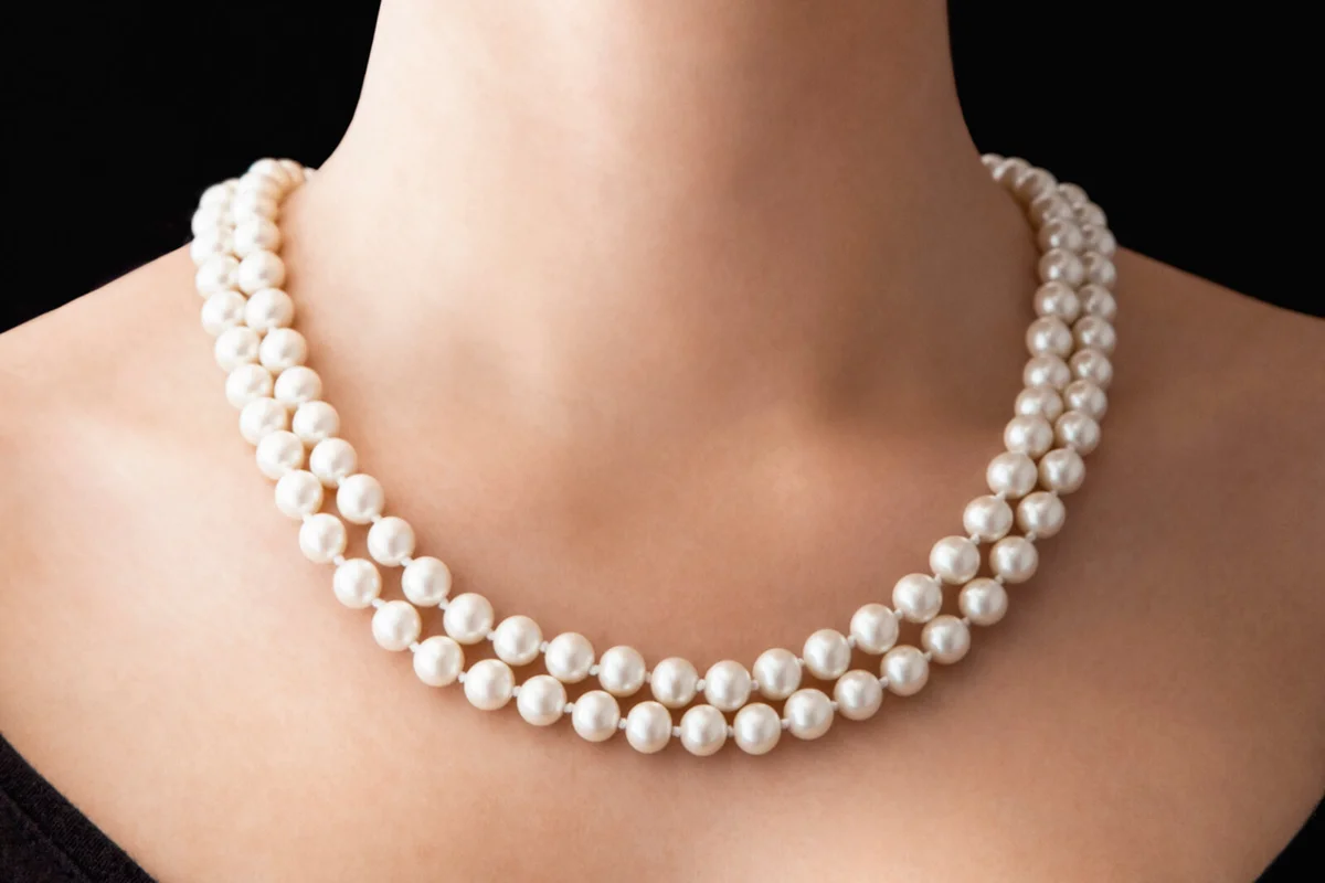 Woman wearing pearl necklace
