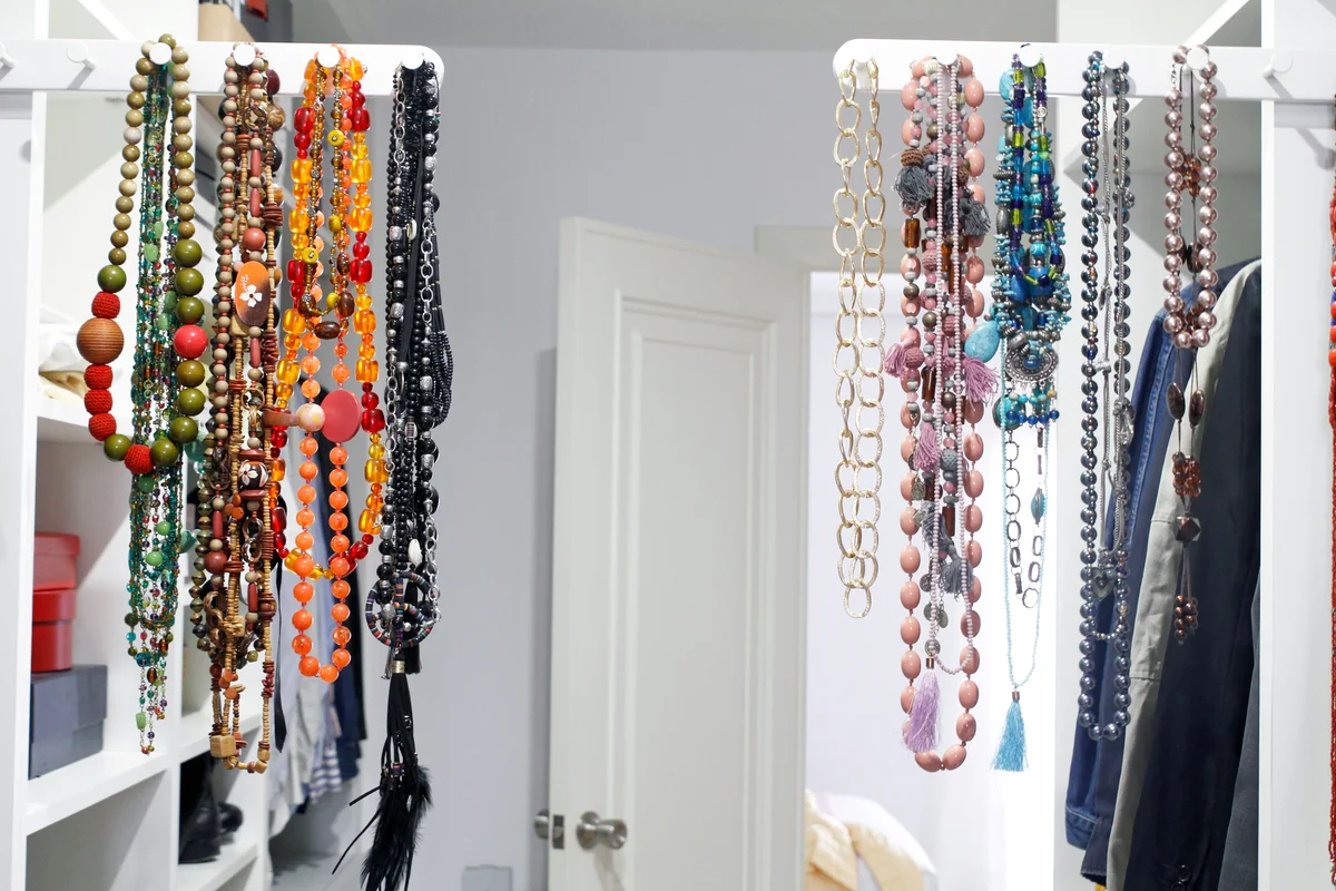 Necklaces hanging on rack