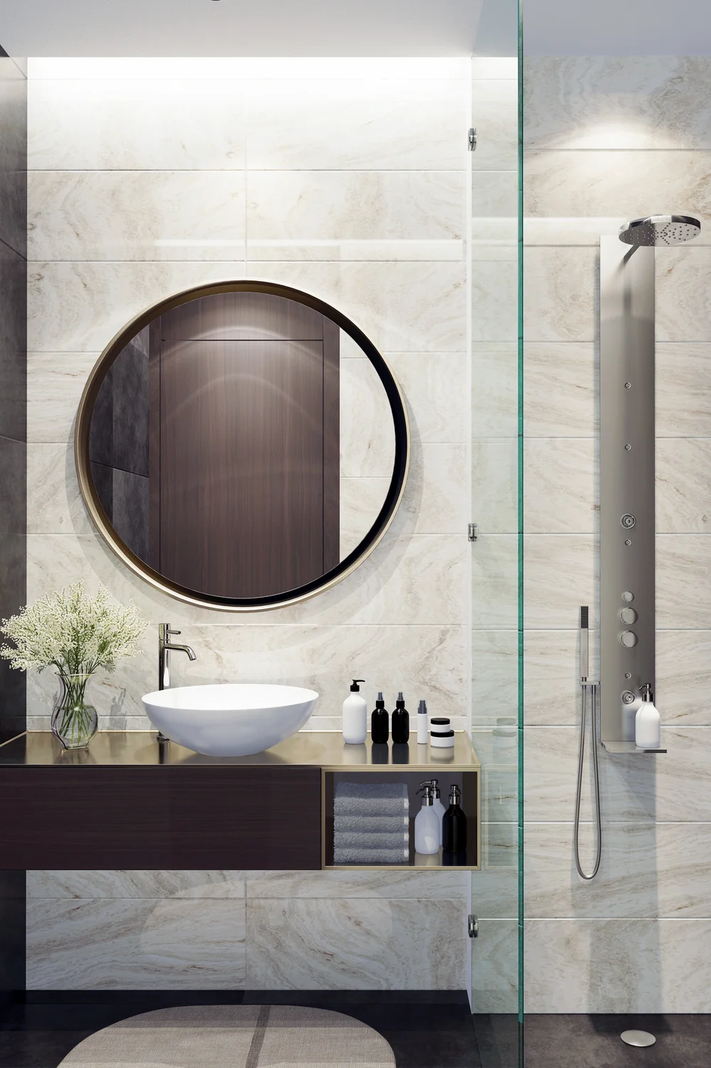 Small luxurious minimalist bathroom with round mirror