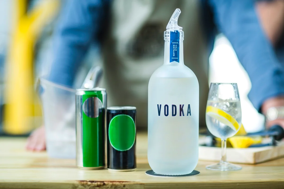 Bottle of vodka in distillery