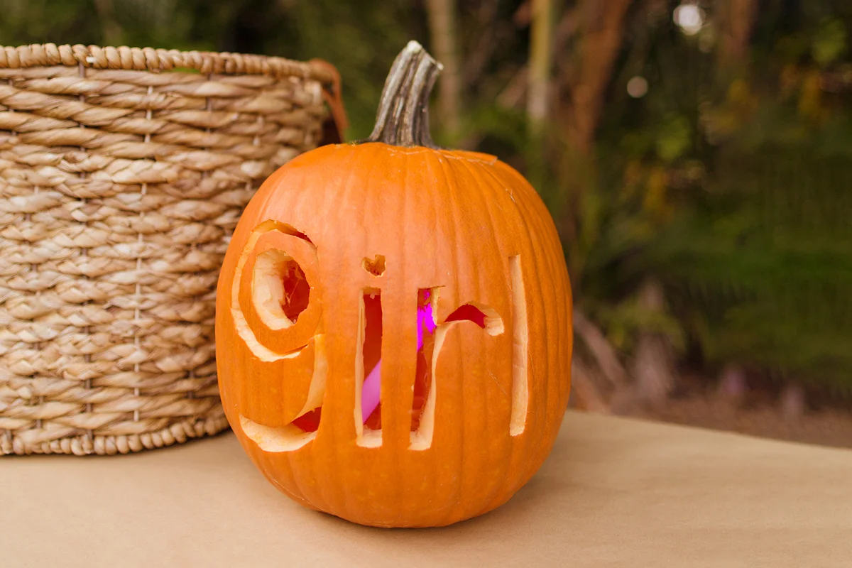 Fall baby gender reveal on a pumpkin